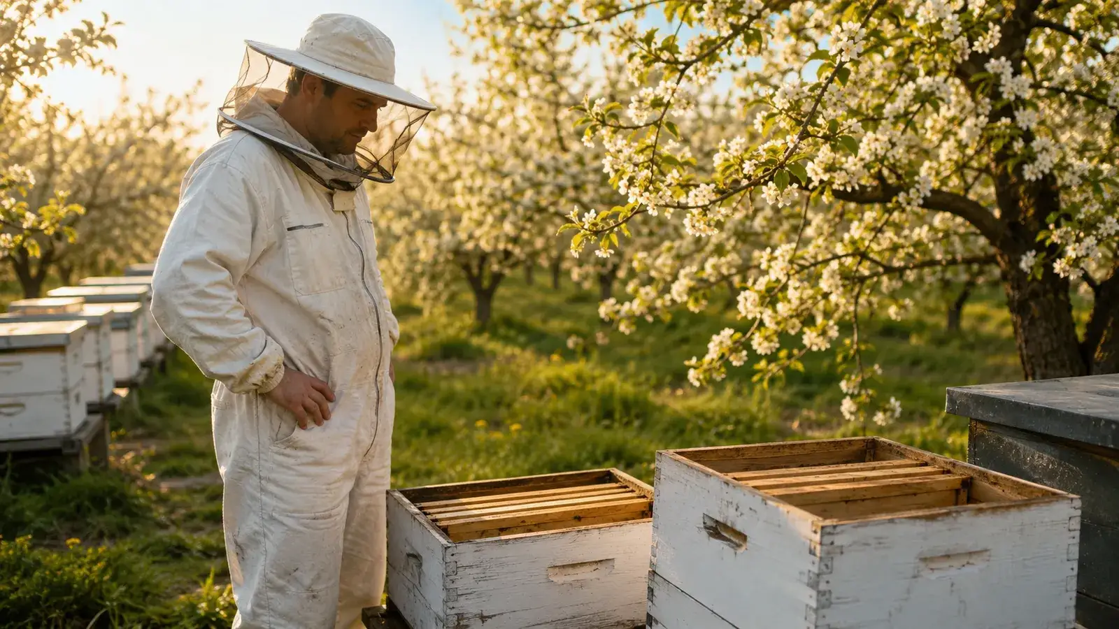 L'apicoltore guarda pensieroso le camere per il miele: emotivamente bene, l'apicoltore si aspetta miele, ma ne vede meno del previsto.