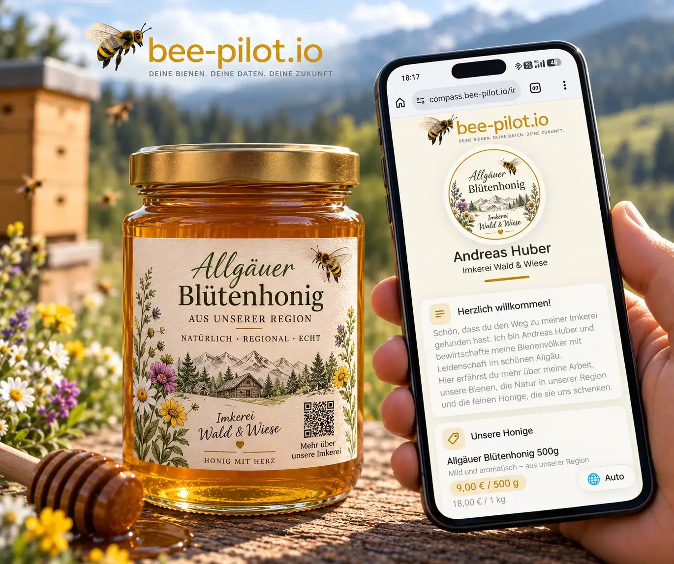 Honigglas mit QR-Code-Etikett neben einem Smartphone, das die persönliche Imker-Webseite eines Imkers anzeigt