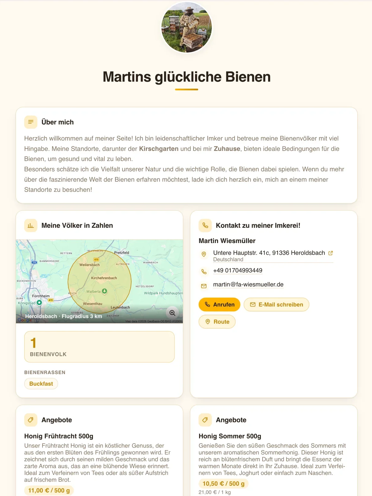 Imker-Seite mit Angeboten und QR-Code für das Honigglas