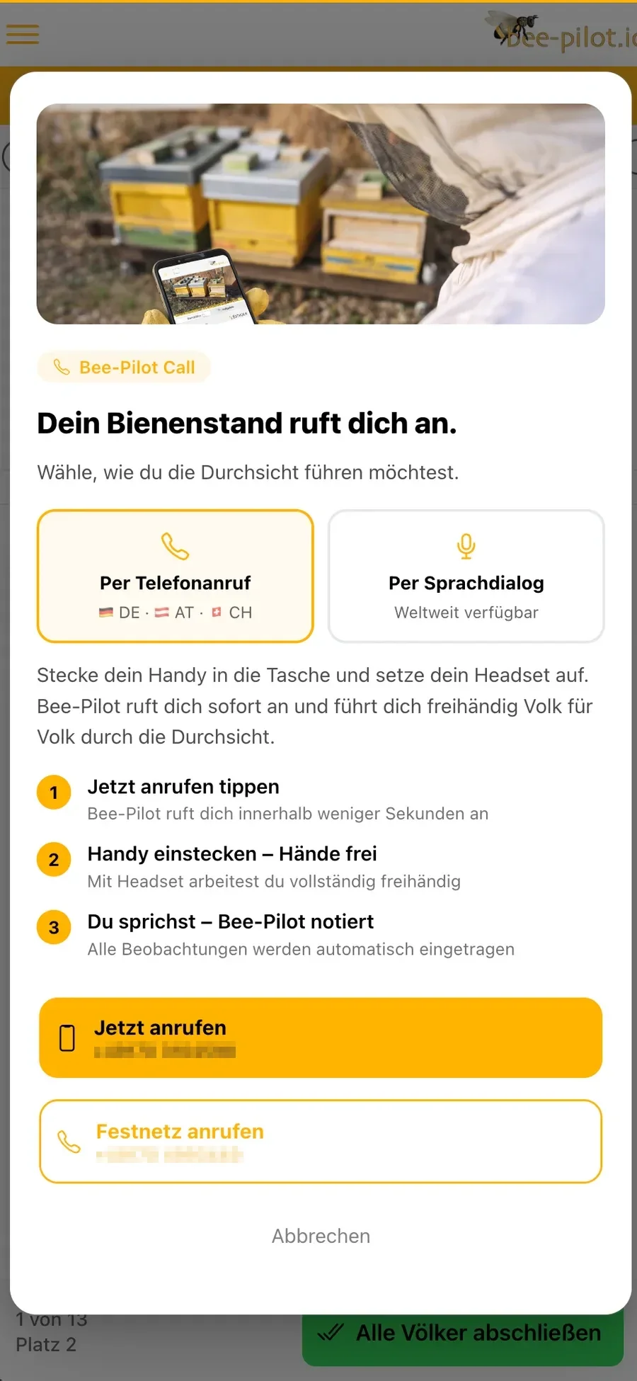 Bee-Pilot Call: Auswahl zwischen Telefonanruf und Sprachdialog vor dem Start der Durchsicht