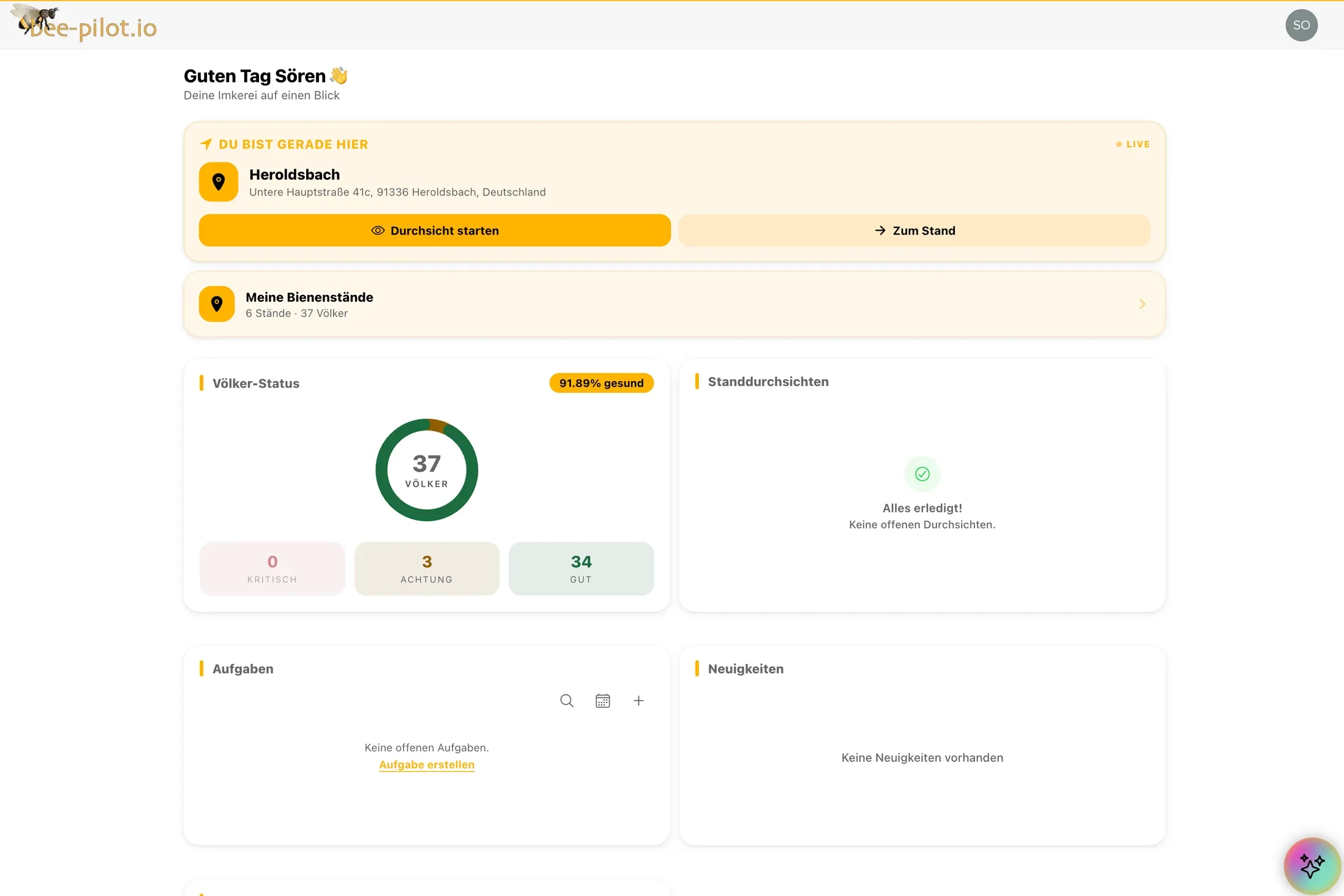 Dashboard von bee-pilot.io mit Völker-Status, Standdurchsichten und offenen Aufgaben