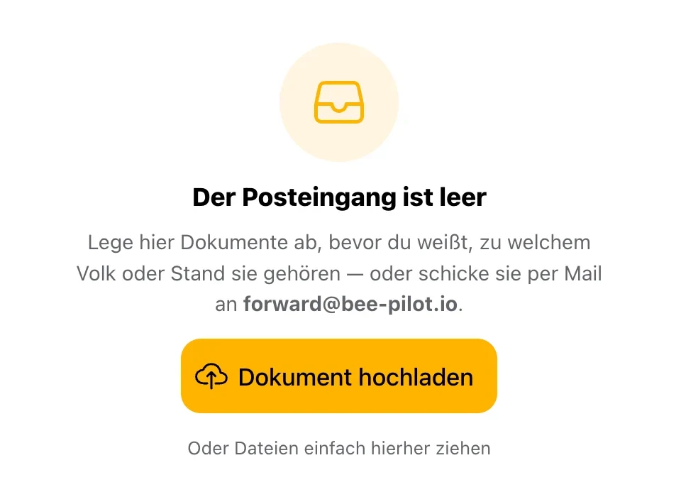 Der leere Posteingang im Dateimanager, mit der Adresse zum Weiterleiten und dem Knopf zum Hochladen.