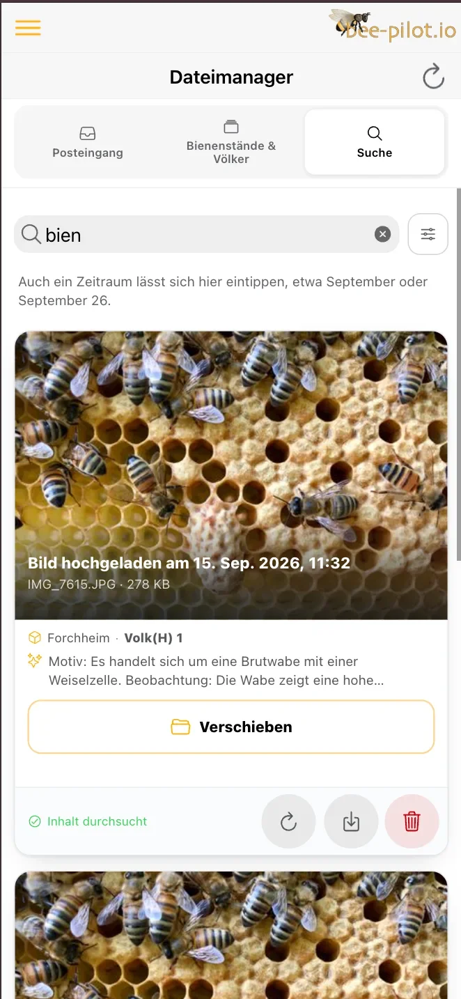 Der Dateimanager auf dem Telefon – Suchfeld, Hinweis auf die Zeitraumsuche und die erste Dokumentkarte.