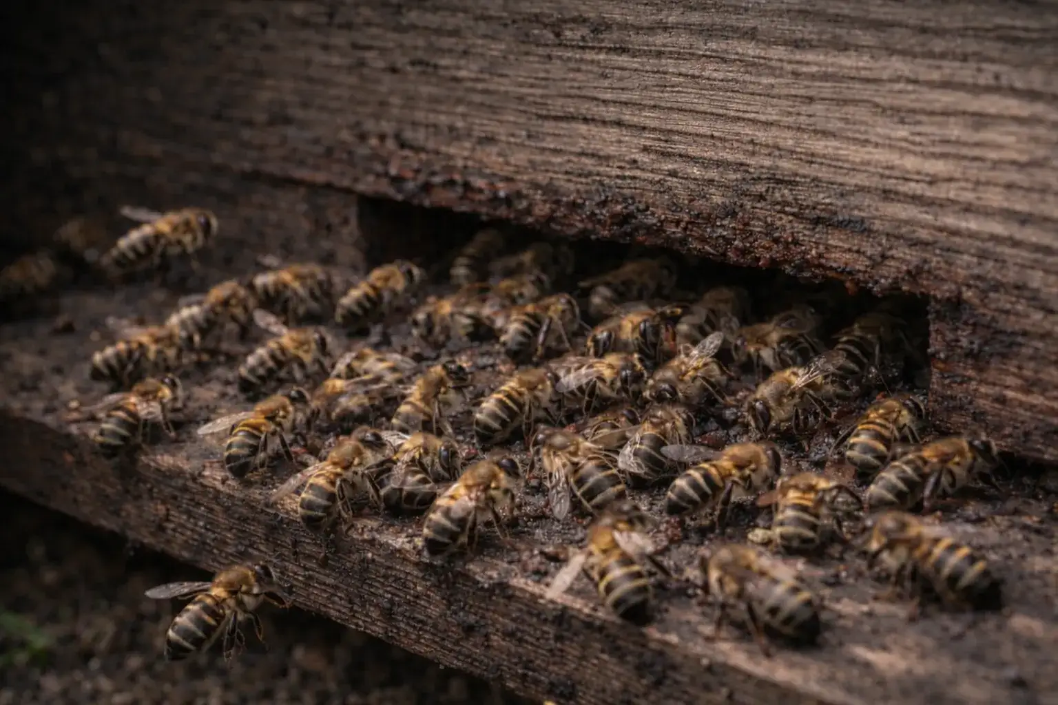 Abejas en la entrada de la colmena