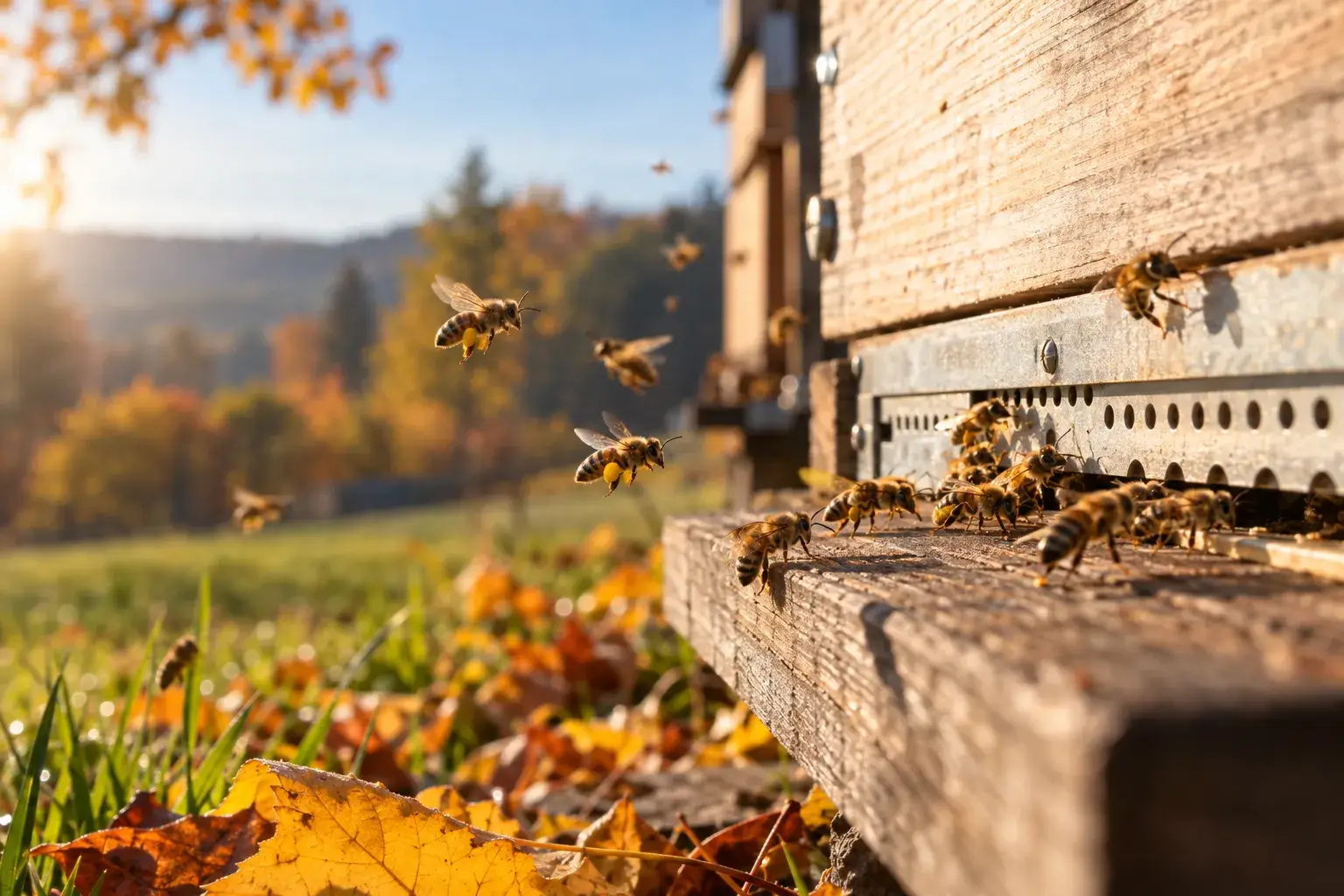 Bienen mit Pollenhöschen landen im goldenen Herbstlicht auf dem Anflugbrett einer Holzbeute, im Vordergrund Herbstlaub