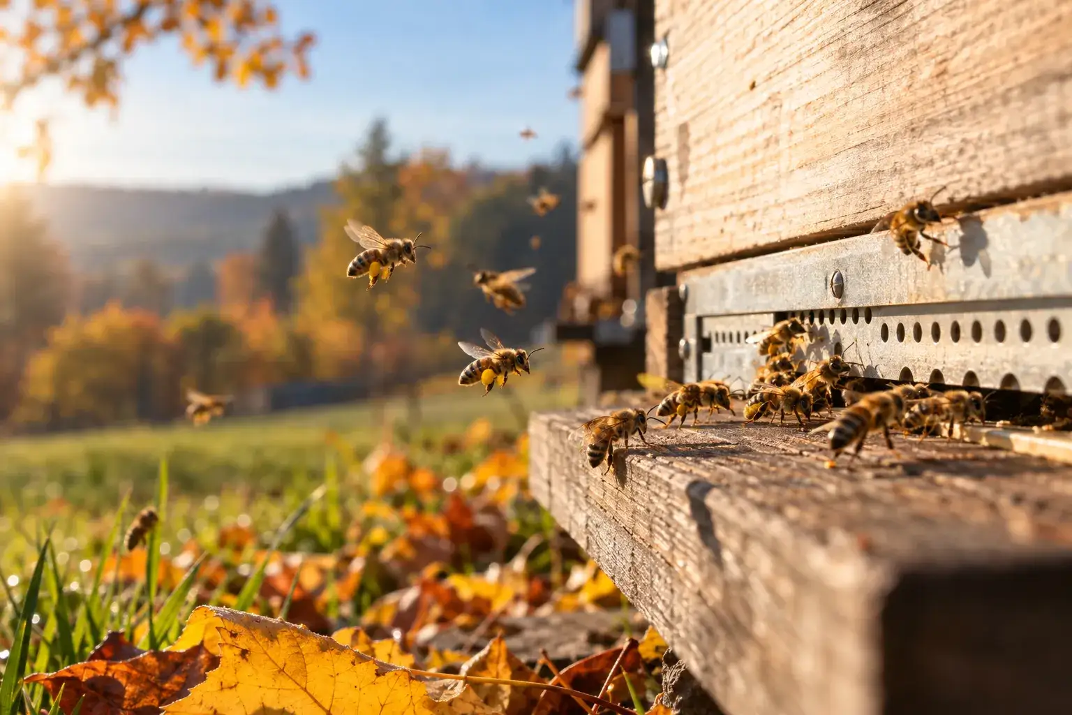 Bienen mit Pollenhöschen landen im goldenen Herbstlicht auf dem Anflugbrett einer Holzbeute, im Vordergrund Herbstlaub