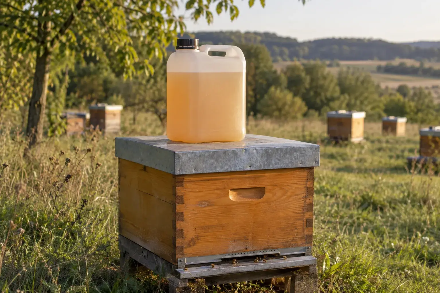 Futterkanister mit Sirup steht auf dem Blechdeckel einer Bienenbeute, im Hintergrund weitere Beuten auf einem Bienenstand