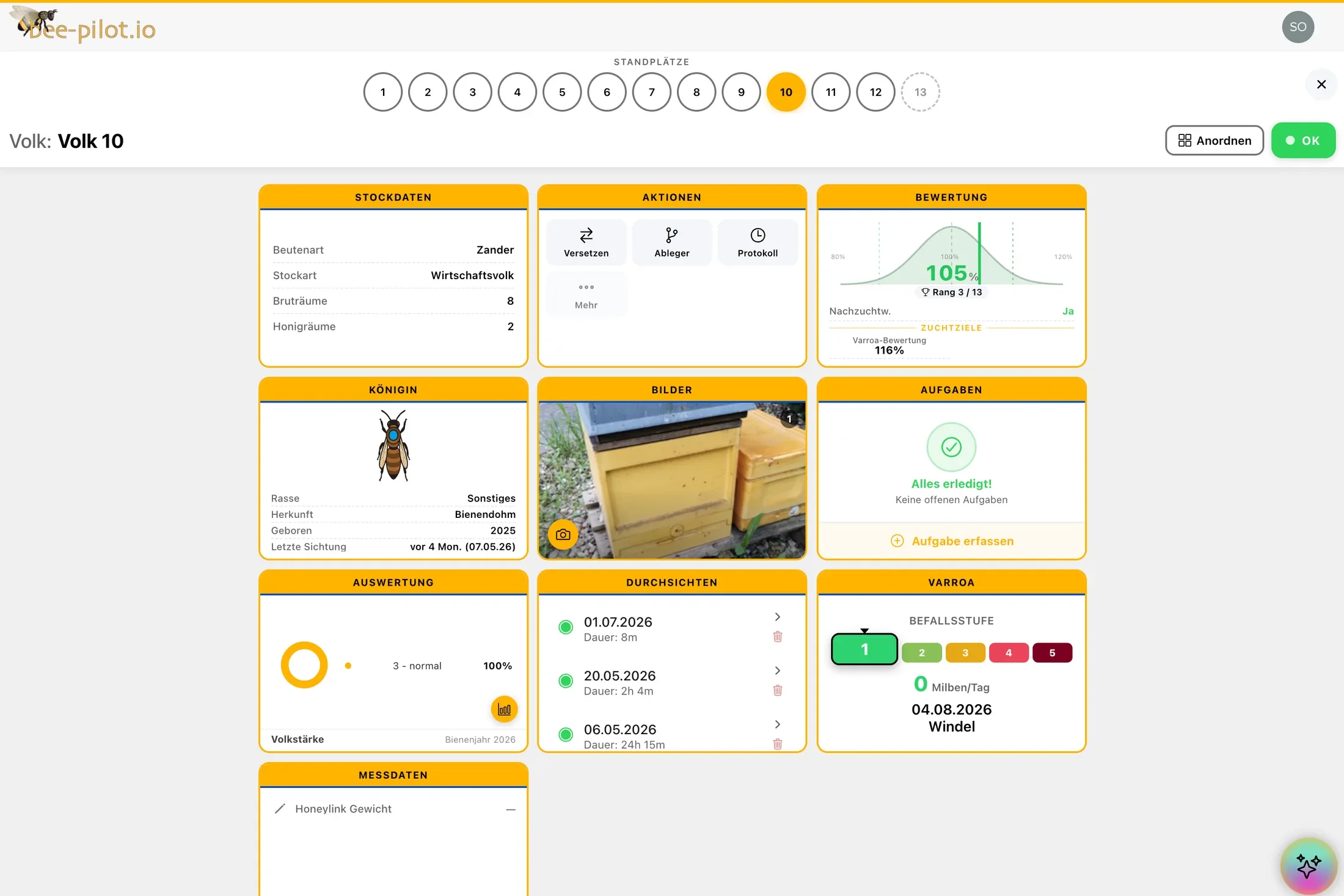Digitale Stockkarte mit Einträgen zu Königin, Varroa und Ertrag