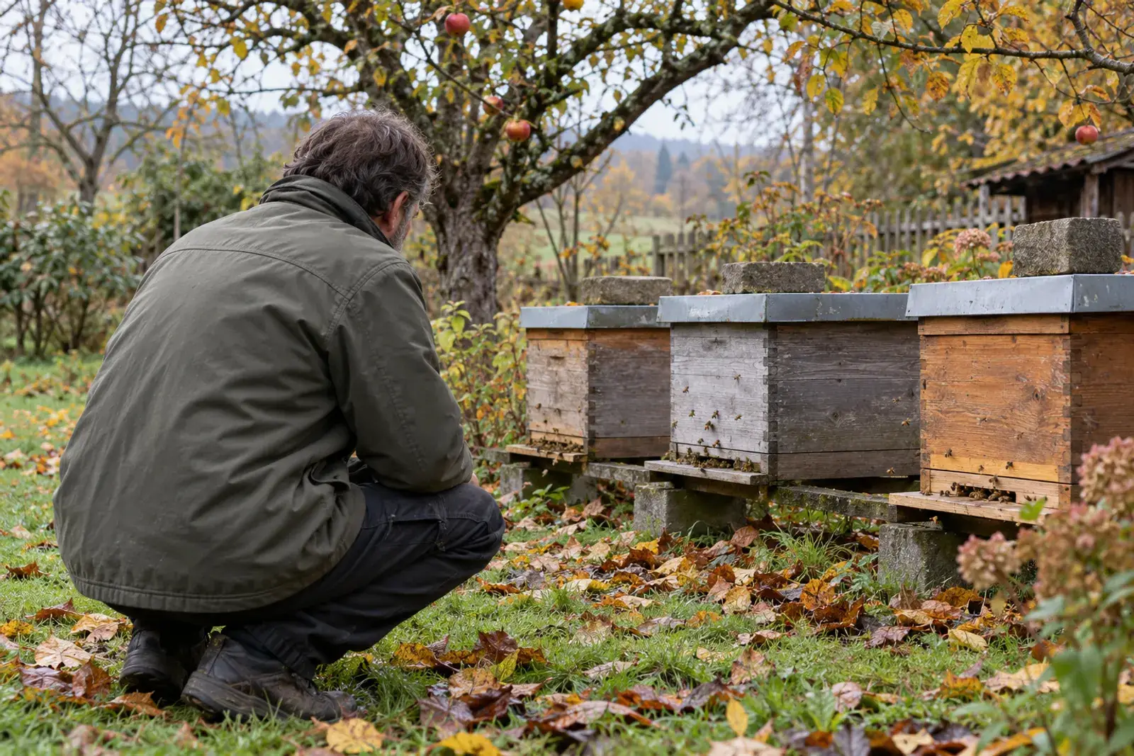 Imker hockt im herbstlichen Garten vor drei Holzbeuten mit Steinen auf den Deckeln, im Hintergrund ein Apfelbaum und buntes Laub
