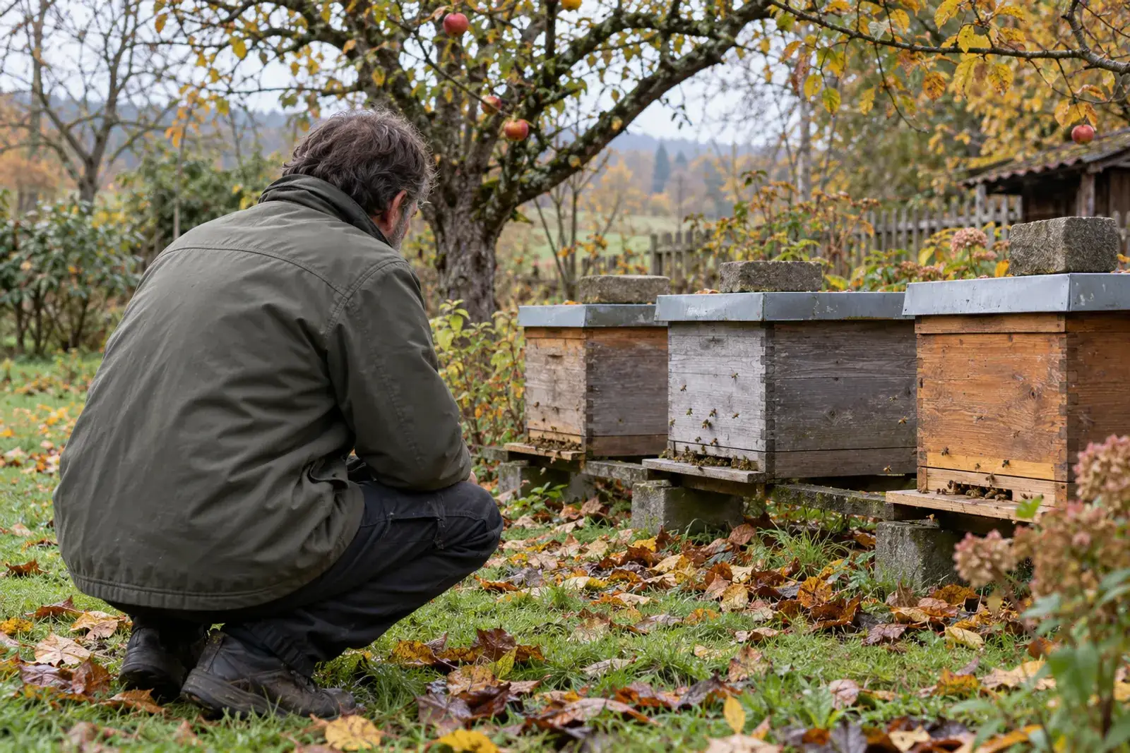Imker hockt im herbstlichen Garten vor drei Holzbeuten mit Steinen auf den Deckeln, im Hintergrund ein Apfelbaum und buntes Laub