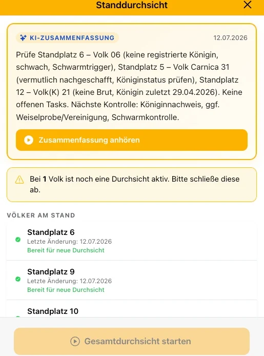 KI-Zusammenfassung eines Standes mit Auffälligkeiten je Standplatz