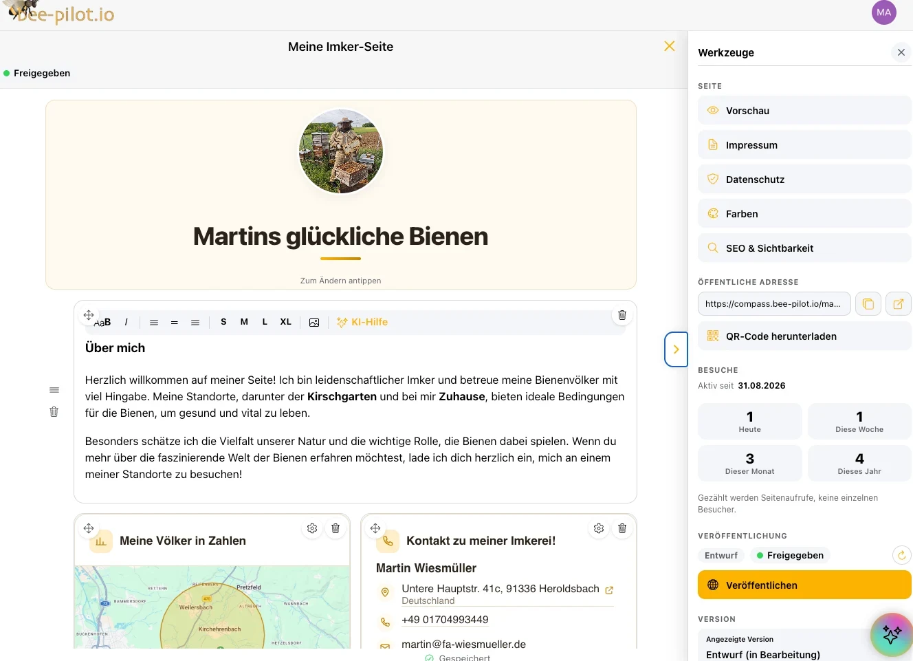 Editor der Imker-Seite mit KI-Hilfe, öffentlicher Adresse und QR-Code