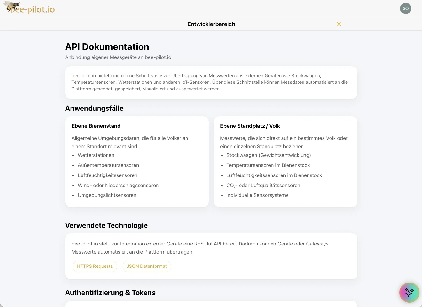 Entwicklerbereich mit der Schnittstellen-Dokumentation für eigene Messgeräte