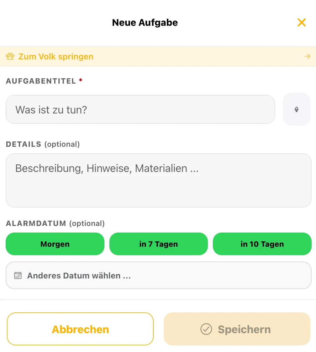 Neue Aufgabe mit Titel, Details, Fälligkeit und Sprung zum Volk