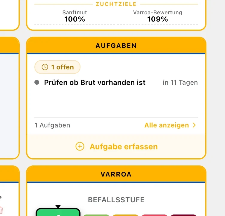 Aufgabenblock in der Stockkarte eines Volkes mit Fälligkeit