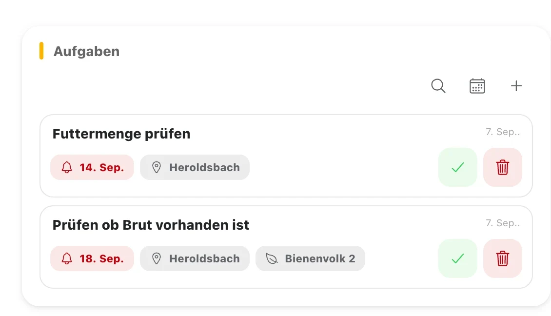 Aufgabenliste mit Fälligkeit und Zuordnung zum Bienenstand