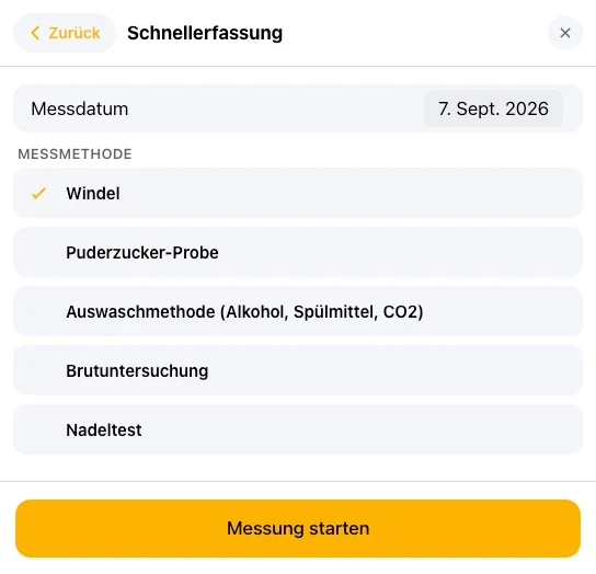 Auswahl der Messmethode vor einer Schnellerfassung