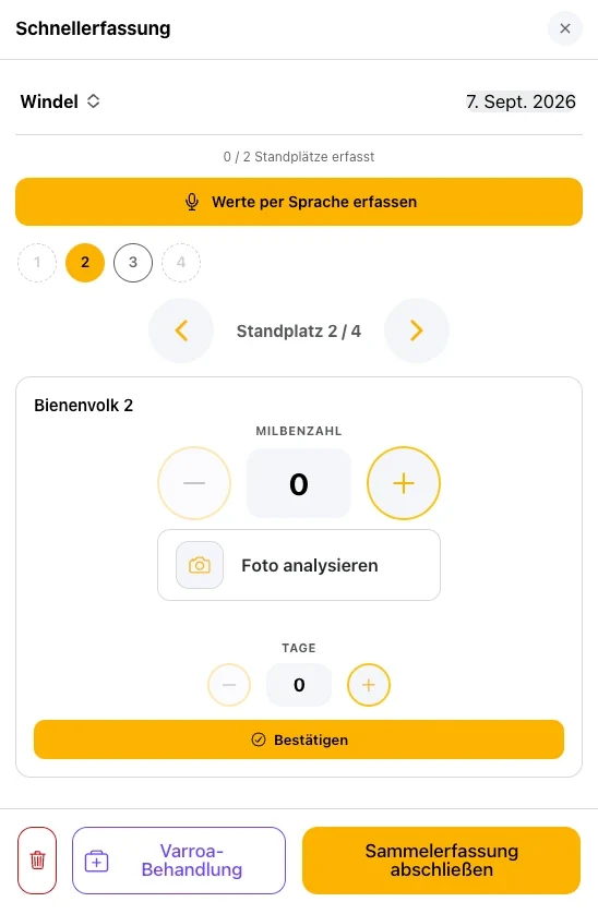 Schnellerfassung eines Standplatzes mit Milbenzahl, Foto-Analyse und Spracheingabe
