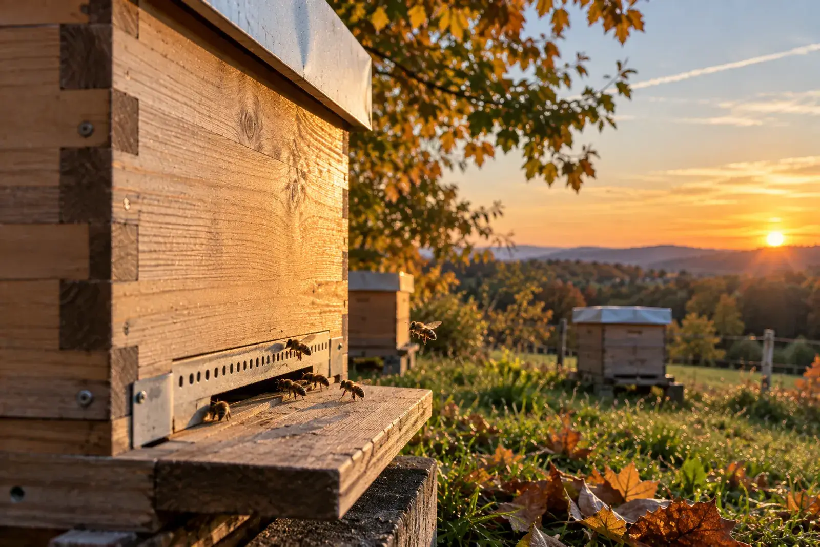 Holzbeute mit Bienen am Flugloch im goldenen Abendlicht, dahinter weitere Beuten auf einer Herbstwiese und die untergehende Sonne über bewaldeten Hügeln