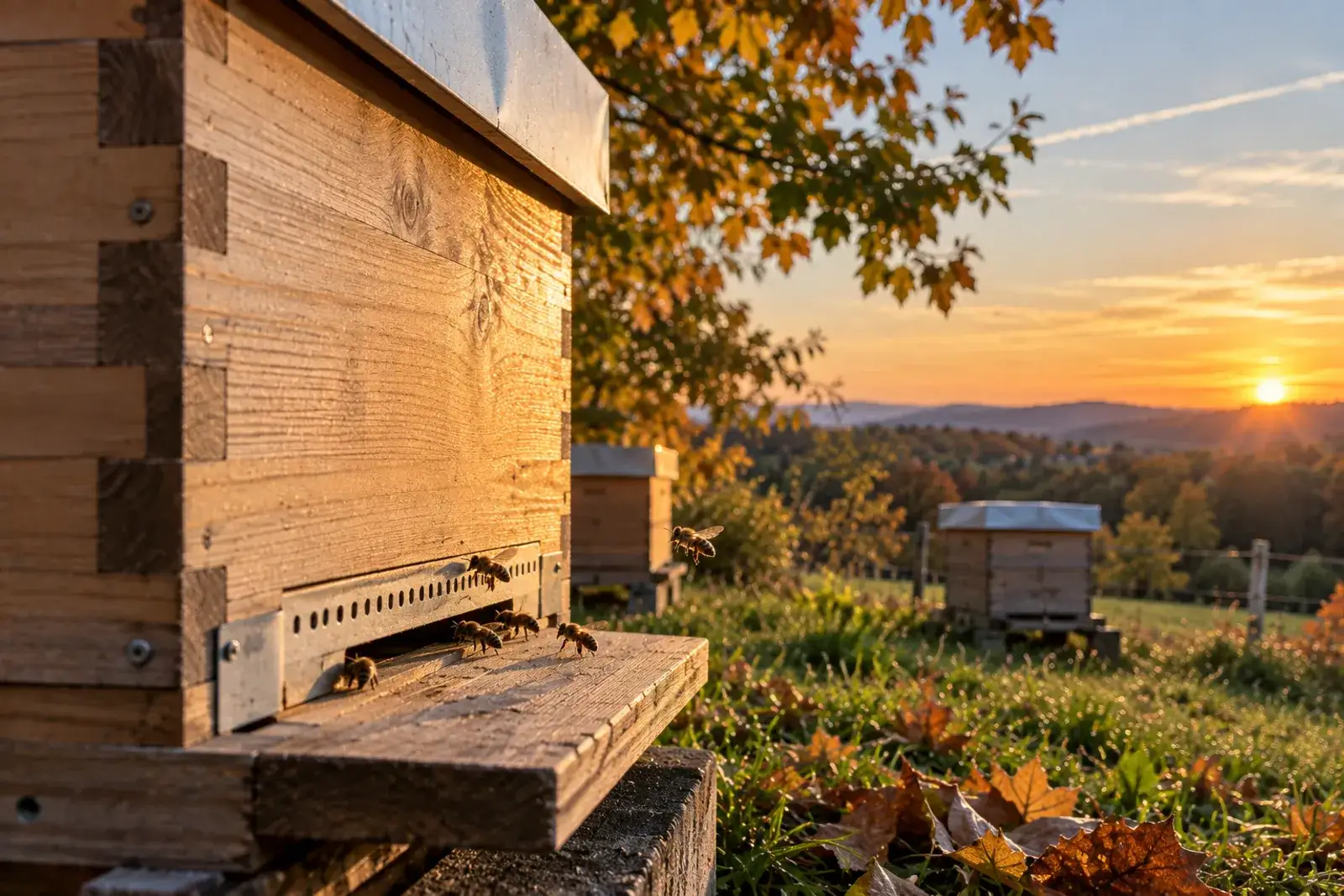 Holzbeute mit Bienen am Flugloch im goldenen Abendlicht, dahinter weitere Beuten auf einer Herbstwiese und die untergehende Sonne über bewaldeten Hügeln
