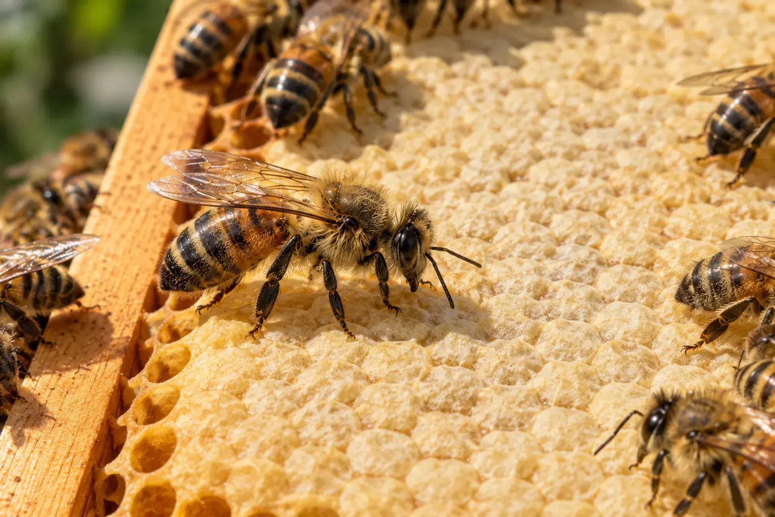 Bienen auf einer hellen Wabe mit frisch verdeckelten Zellen, eine Arbeiterin im Vordergrund