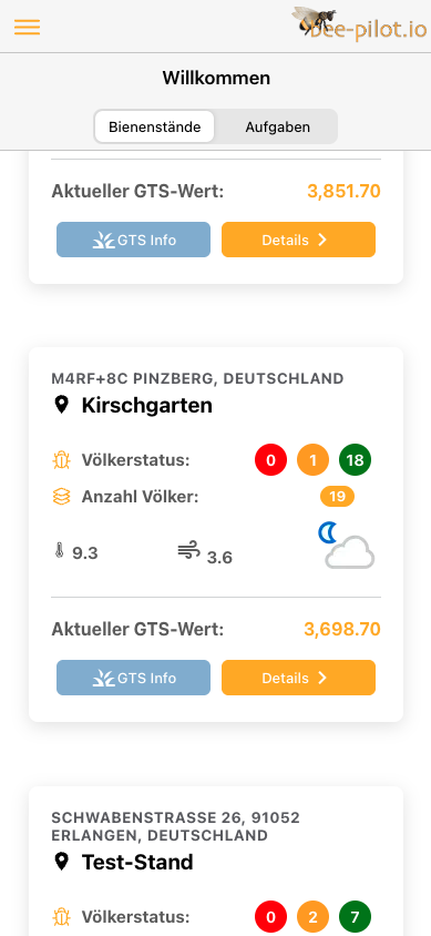 bee-pilot.io Elenco di tutti gli apiari in modalità mobile