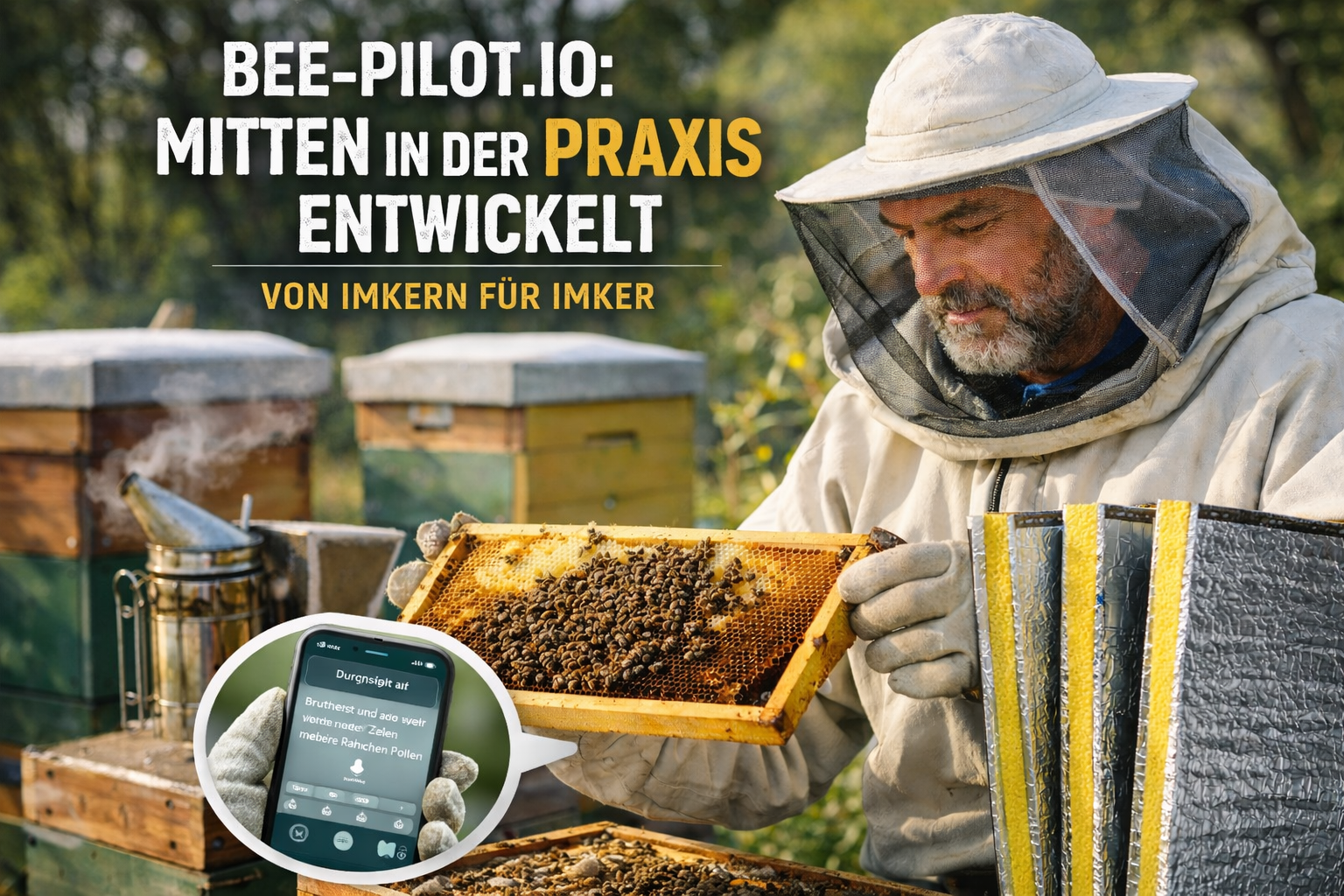 Banner von bee-pilot.io wo ein Imker gerade eine Wabe in der Hand hält